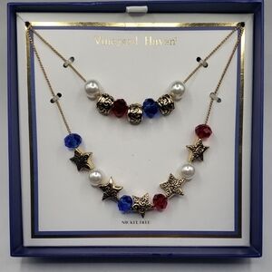Vineyard Haven Red & Blue Beads, Pearls & Goldtone Stars Necklace